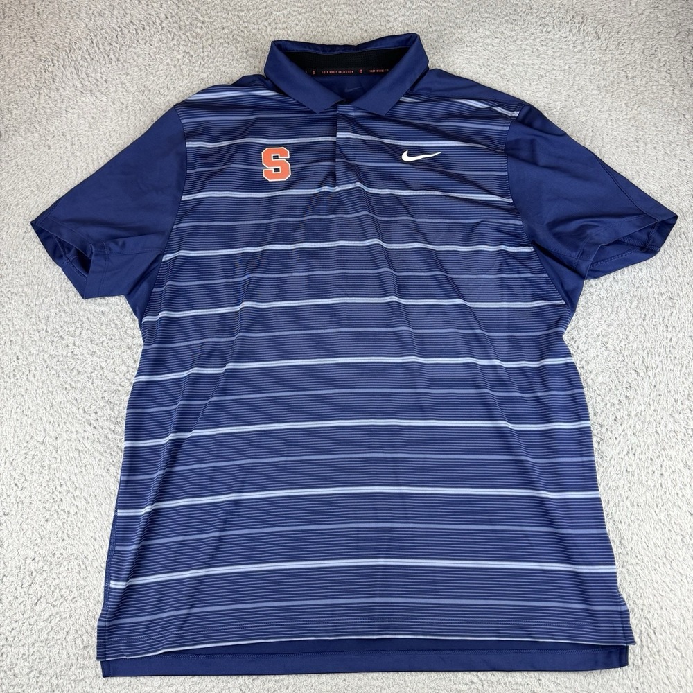 Nike Dri-FIT Tiger Woods Golf Polo Shirt Navy Blue Striped Men's Large Syracuse